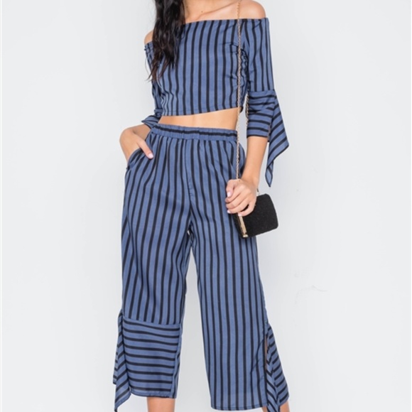 Luxe Label Pants - Cruisin' Striped Crop Top & Palazzo Pant Set BLUE